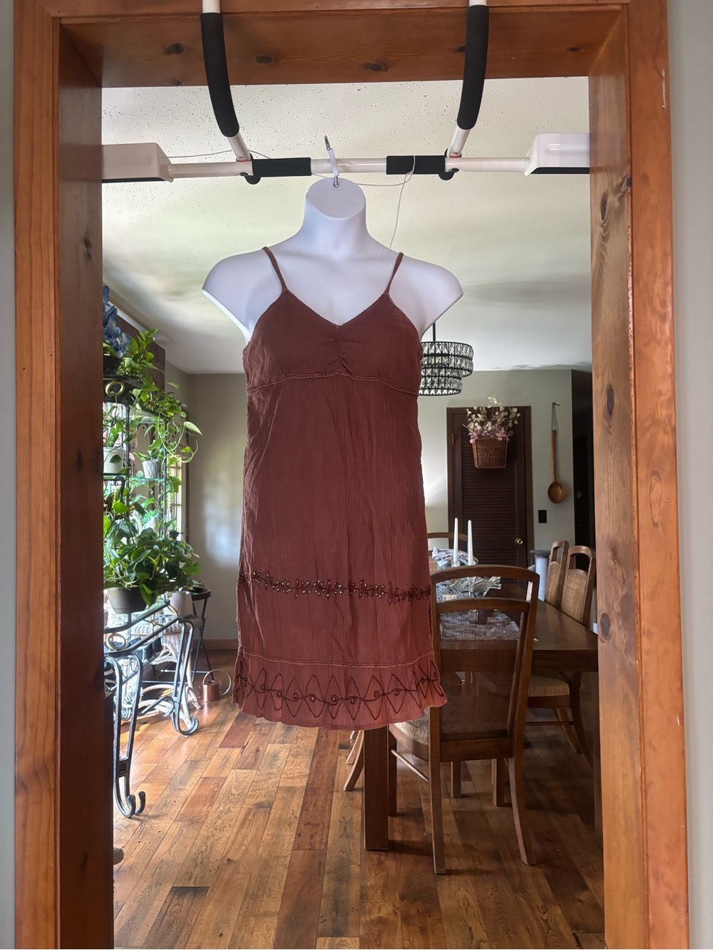 Cynthia Mehra Women’s 100% Cotton Brown Slip Style Dress with Embroidered Hem